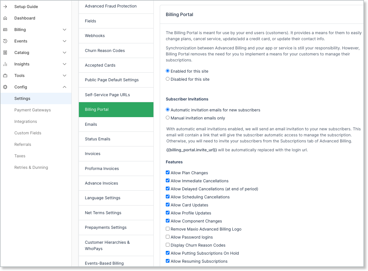 Enable Billing Portal Setting