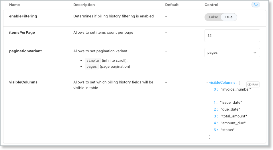 Example of Billing History Component options
