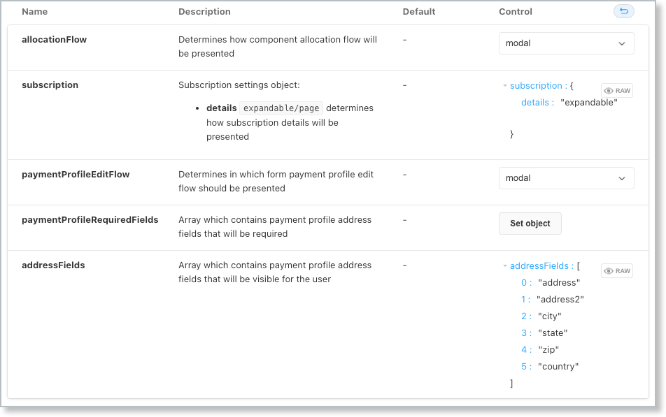 Example of Customer Details Component options